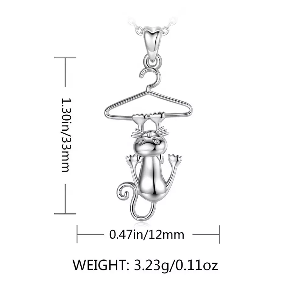 Hanging Funny Cat Sterling Silver Necklace