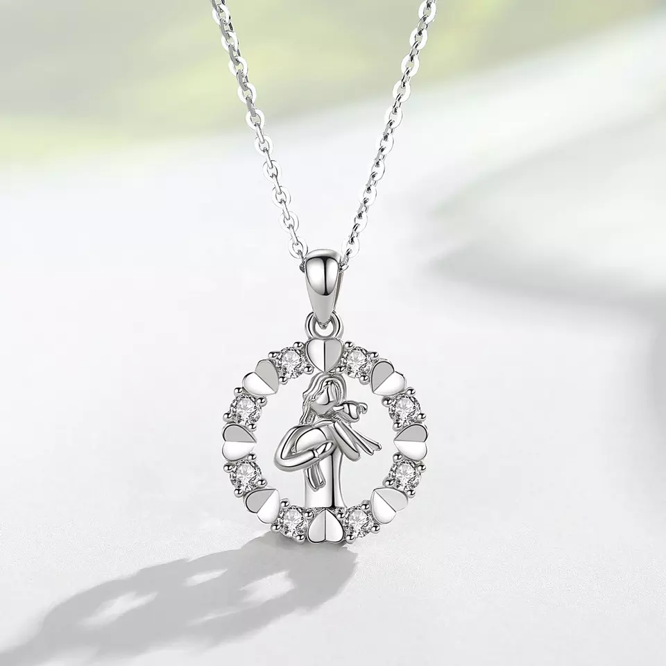 Elegant Circle of Life Girl and Dog Sterling Silver Necklace
