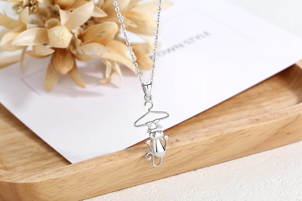Hanging Funny Cat Sterling Silver Necklace