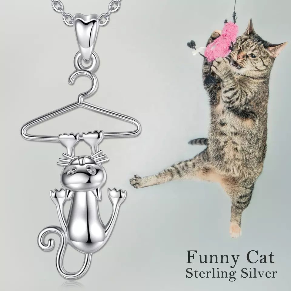 Hanging Funny Cat Sterling Silver Necklace