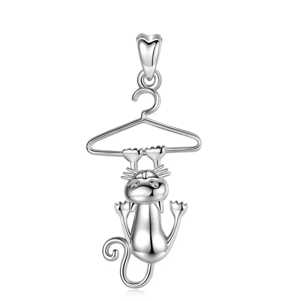 Hanging Funny Cat Sterling Silver Necklace